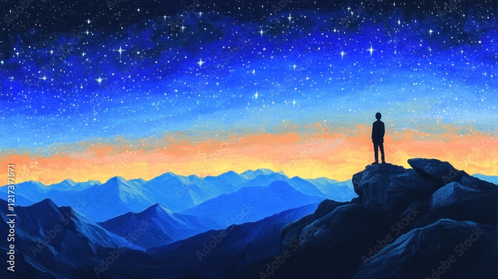 Fototapeta premium Silhouette of a person standing on a mountain peak, gazing at a vibrant starry night sky and a colorful sunset over distant mountain ranges.