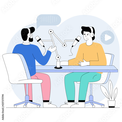 Co-hosting Conversations concept, conversational or interview-style show vector design, Podcast or slice-of-life journalism scene, Web television series banner, vodcast or audio blogging illustration