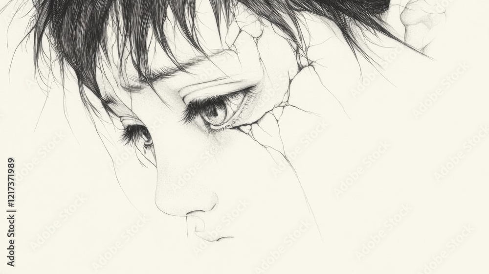 A close-up of a young person's face with cracks symbolizing emotional distress and fragility A close-up of a young person's face with cracks symbolizing emotional distress and fragility
