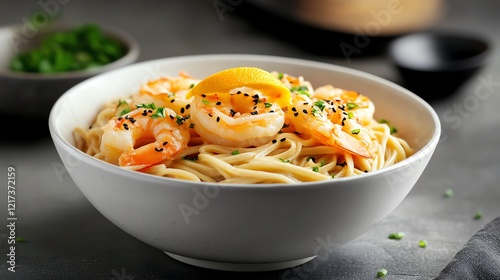 A bowl of Toshikoshi Soba served with tempura shrimp, garnished with fresh yuzu peel for a citrusy aroma photo