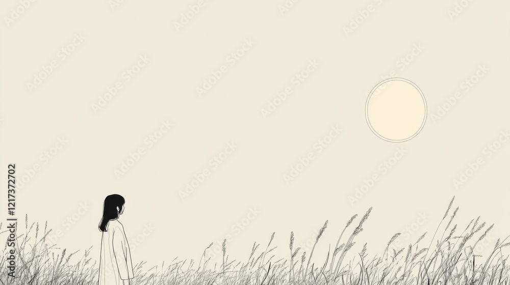 Obraz premium A serene figure stands in a field of tall grass, gazing at a large sun on the horizon