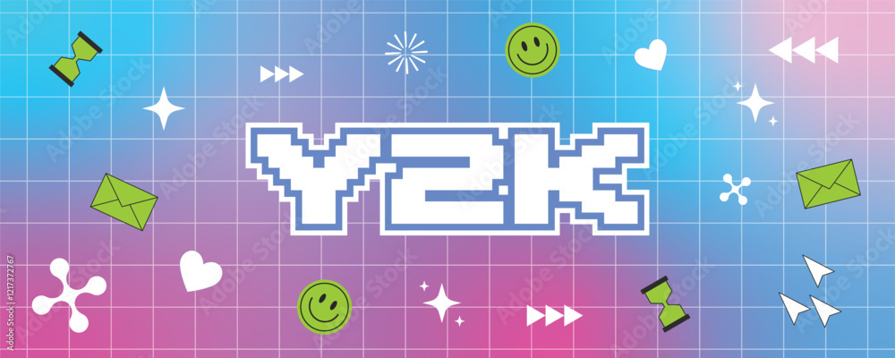 Y2K Aesthetic Design: Retro Futuristic Grid, Neon Icons, Pixel Graphics & Nostalgic 2000s Vibes for Trendy Digital Art