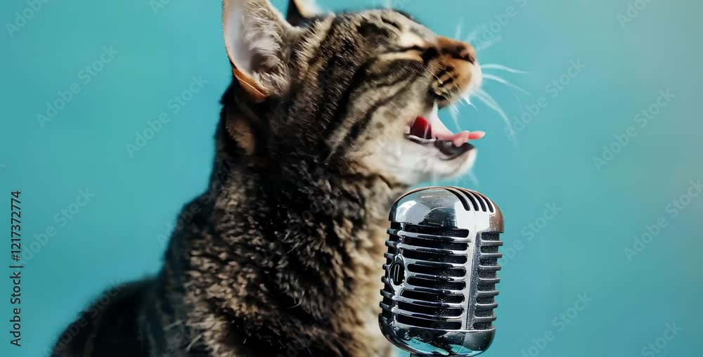 Close-up of cat singing into microphone