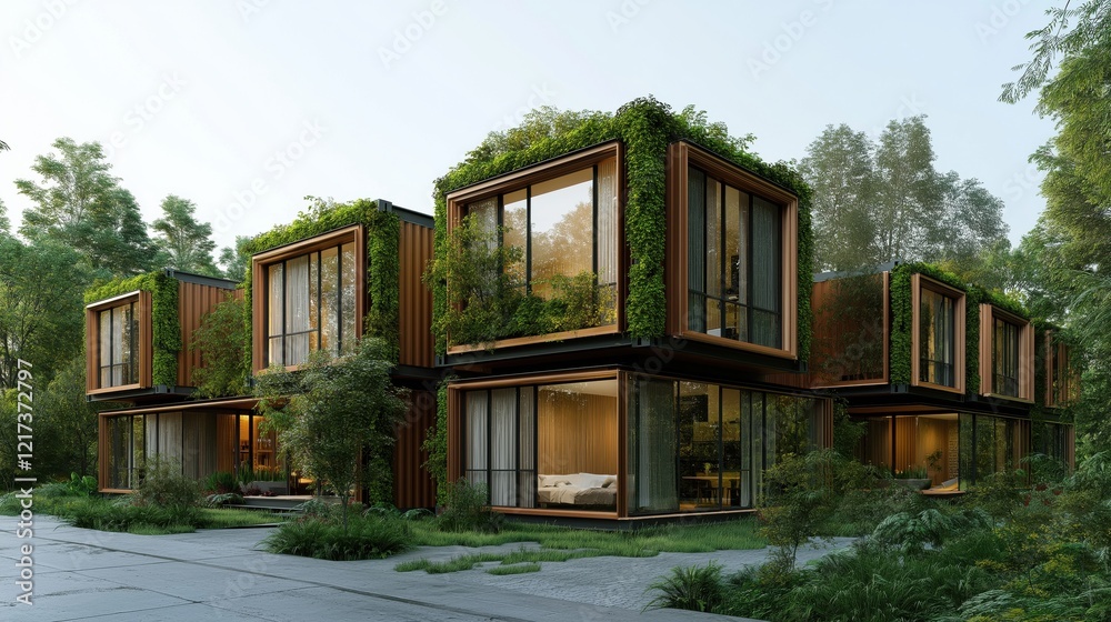 Fototapeta premium A row of houses with green plants growing on the side