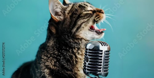 Close-up of cat singing into microphone