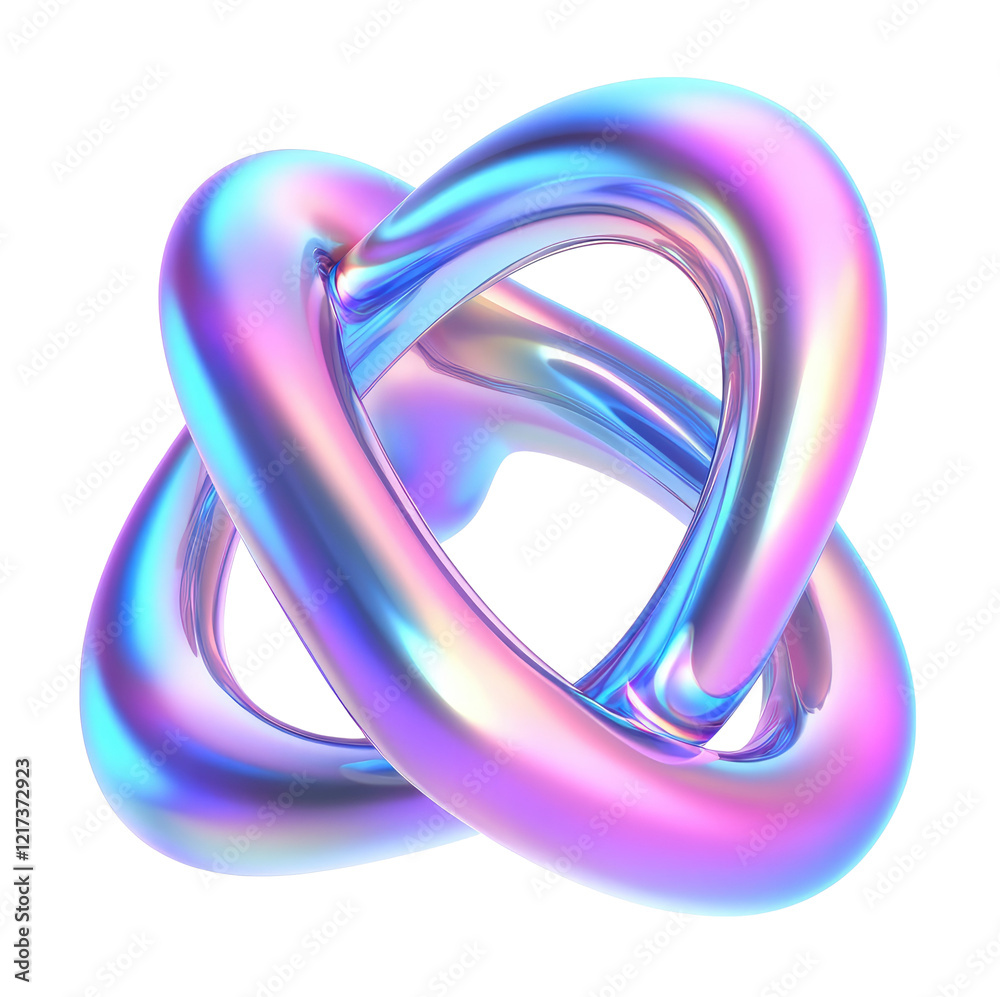 Holographic Intertwined Rings: Abstract iridescent pink and blue rings create a captivating 3D knot, showcasing a mesmerizing interplay of light and form. Holographic Intertwined Rings: Abstract iridescent pink and blue rings create a captivating 3D knot, showcasing a mesmerizing interplay of light and form.