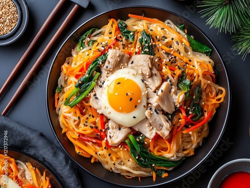 A large platter of Japchae placed on a festive table, surrounded by traditional Korean New Year decorations photo