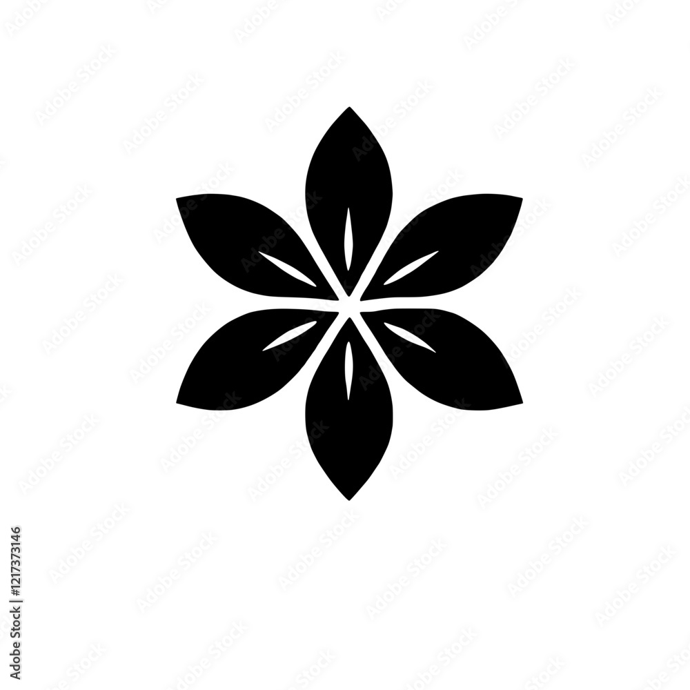 Stylized Black Flower: A minimalist illustration of a six-petaled flower, rendered in solid black against a transparent background, symbolizing simplicity and elegance. Stylized Black Flower: A minimalist illustration of a six-petaled flower, rendered in solid black against a transparent background, symbolizing simplicity and elegance.