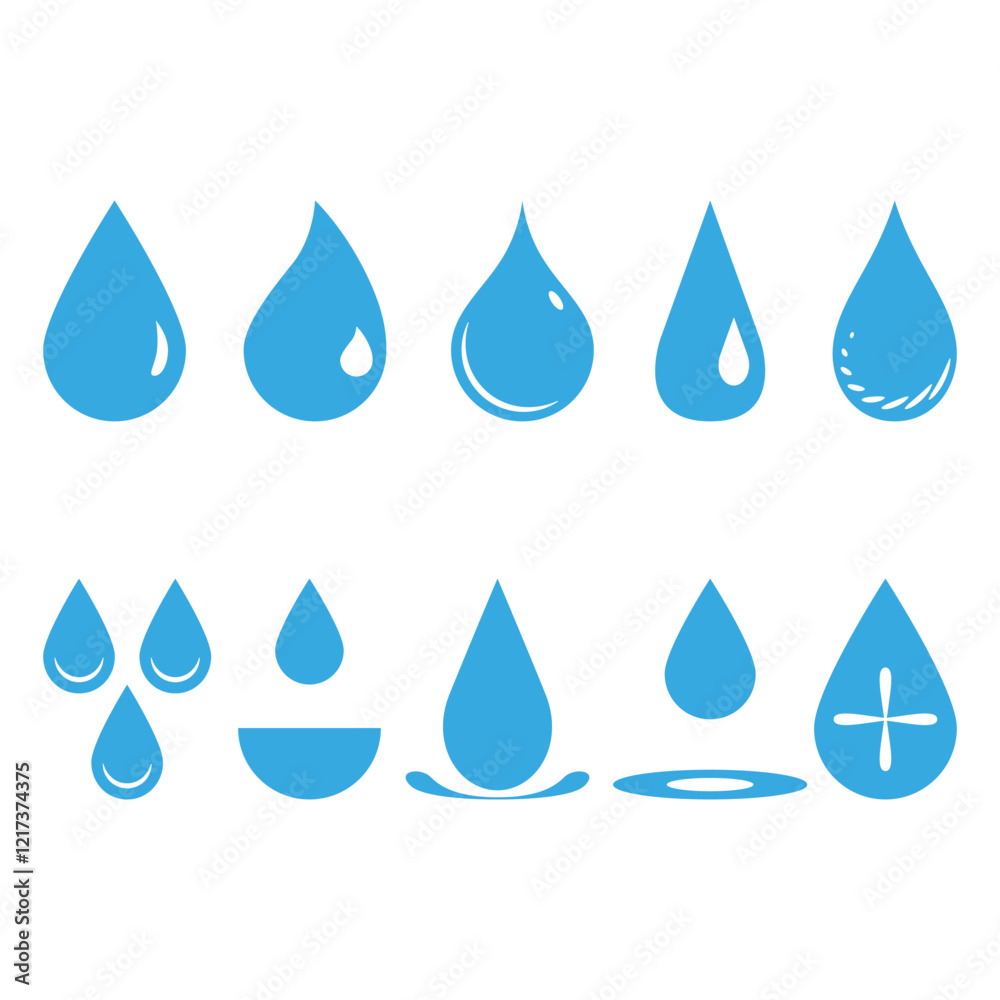 Blue water drops sign. Blue droplet. Drop silhouette logo. Set icons on white background. Water drop shape. Vector illustration. Blue water drops sign. Blue droplet. Drop silhouette logo. Set icons on white background. Water drop shape. Vector illustration.