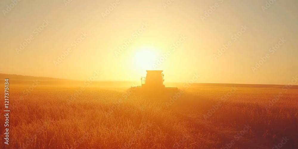 Fototapeta premium Sunrise harvest Combine harvester in golden wheat field. Agricultural background