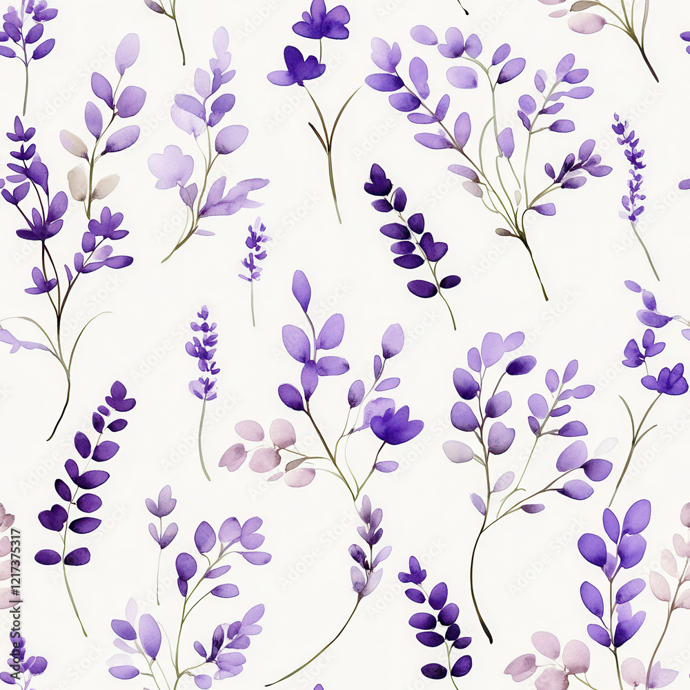 Delicate purple floral pattern featuring various leaves and blossoms, creating serene and elegant design perfect for textiles or wallpaper Delicate purple floral pattern featuring various leaves and blossoms, creating serene and elegant design perfect for textiles or wallpaper