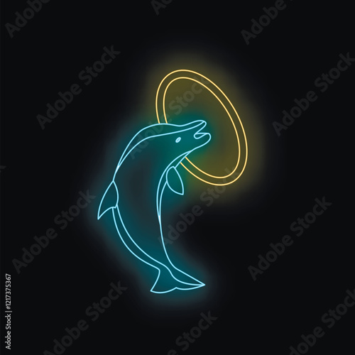 Neon dolphin is jumping through glowing hoop on black background photo