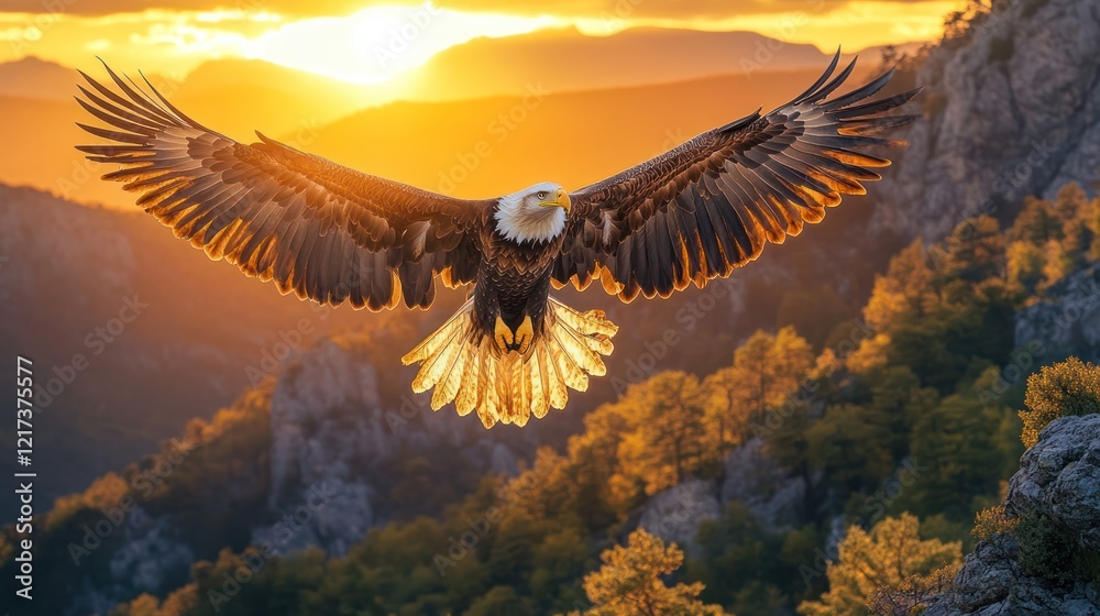 Obraz premium Majestic bald eagle in flight at sunset over mountains.