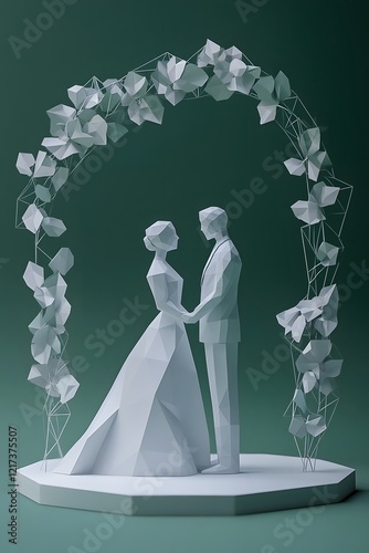 Minimalist Low-Poly Bride and Groom Married Couple Under Geometric Floral Archway