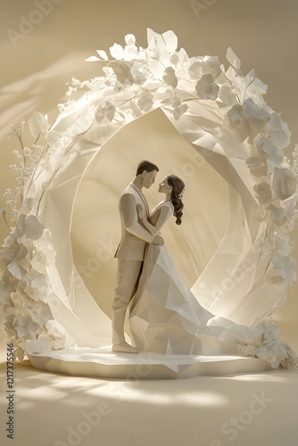 Minimalist Geometric Wedding Scene with Bride and Groom Under Archway