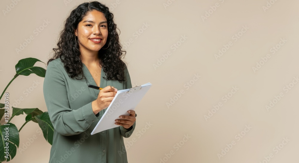 Woman is holding a clipboard and writing on it Woman is holding a clipboard and writing on it