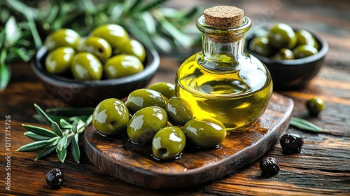 Green olives, oil bottle, rustic wood, cooking