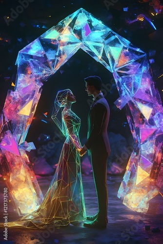 Futuristic Low-Poly Couple Under Glowing Polygonal Wedding Arch