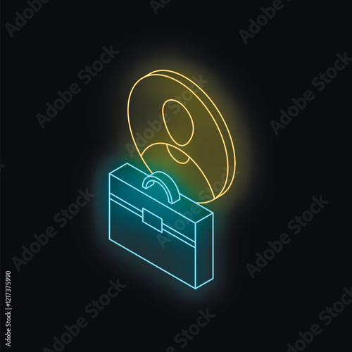 Neon yellow profile icon hovering over blue briefcase symbolizing job search, career opportunities, and professional networking