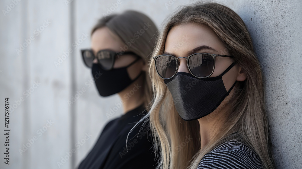 Naklejka premium A brunette teen model wearing sunglasses and a face mask poses for the camera, showing off her fashion and beauty in a polluted summer.