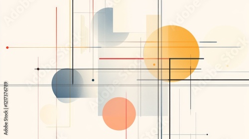 Abstract geometric composition featuring colorful circles and lines on a light background