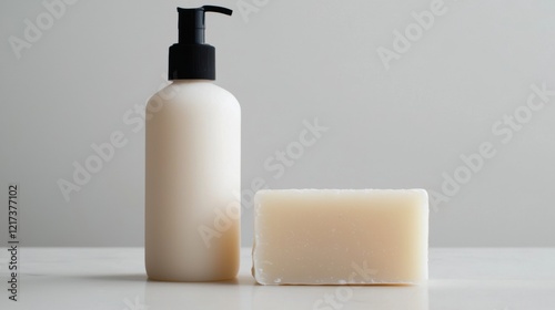 White plastic bottle with a black pump dispenser and a bar of soap on a white surface. the bottle is cylindrical in shape and has a round body with a narrow neck. photo