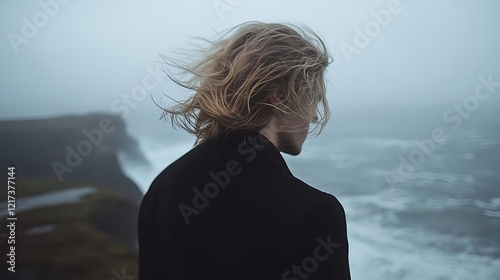 Man with long hair overlooking stormy ocean.