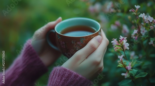Hands holding a mug of herbal tea for relaxation and wellness concept
