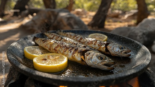 Grilled fish, lemon, outdoor cooking, forest, campfire photo