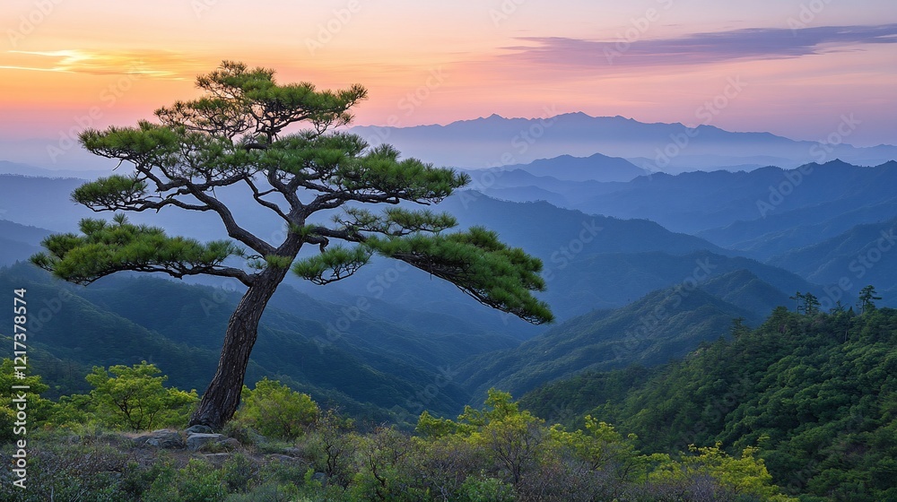 Obraz premium Sunrise over mountain range, lone pine tree. Peaceful landscape for travel brochures