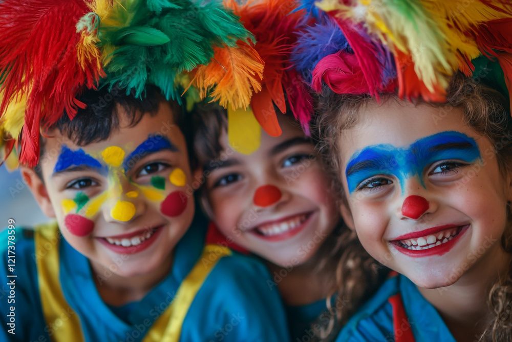 Obraz premium A group of children in colorful clown costumes, painted faces and feathers on their heads, smiling at the camera.