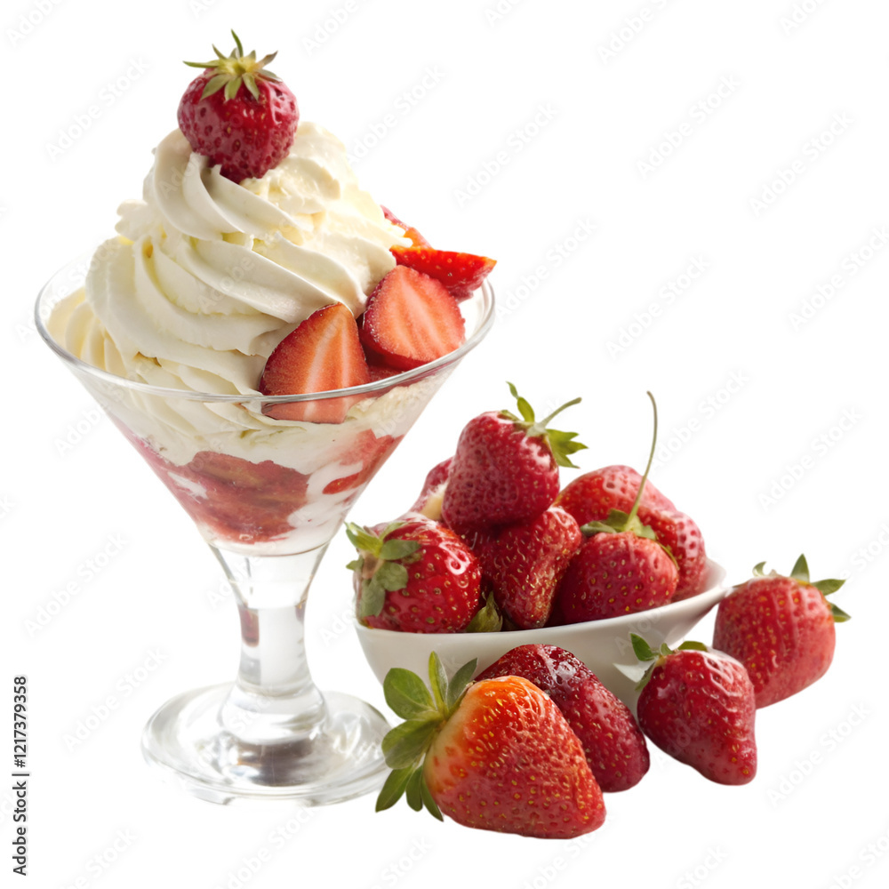 Strawberries and whipped cream in ice cream glass isolated on white background Strawberries and whipped cream in ice cream glass isolated on white background