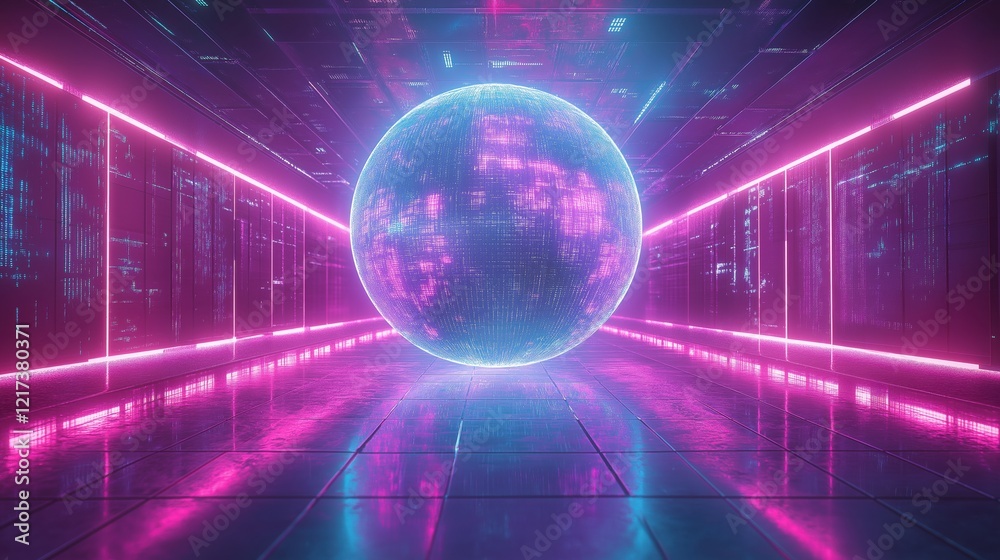 Fototapeta premium A neon pink and blue room with a glowing orb in the center