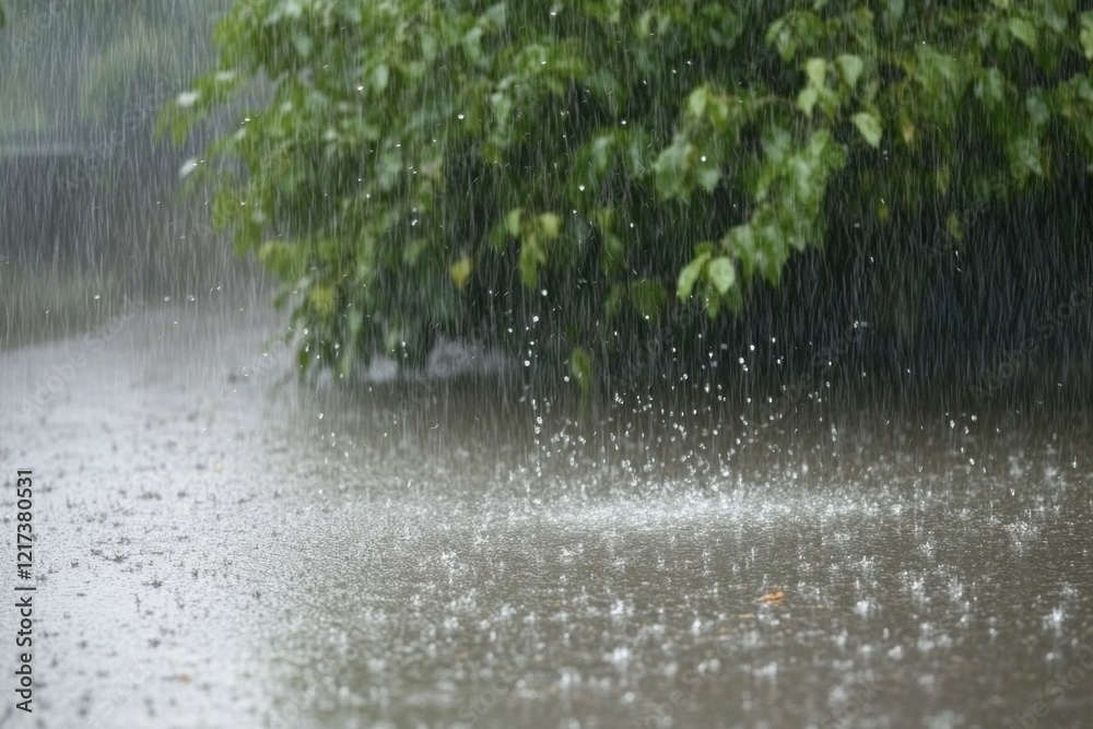 Fototapeta premium Close-up of a downpour, the water level is rising, in the background are bushes with rain running down them. Generative AI