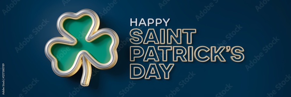 A 3D render of a creative minimalist Saint Patrick's Day poster design with a neon theme. There's a 3D gold shamrock with a green fill. The text A 3D render of a creative minimalist Saint Patrick's Day poster design with a neon theme. There's a 3D gold shamrock with a green fill. The text