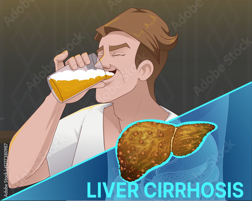 A man drinks beer. Alcohol belly. The harm of alcohol. Liver disease. Cirrhosis of the liver. Social illustration. Healthcare illustration. Vector illustration.