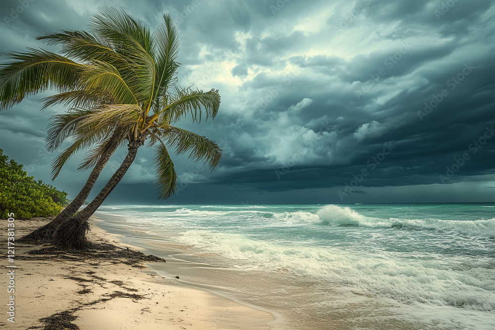 custom made wallpaper toronto digitalIntense windstorm bending palm trees on a vibrant tropical beach dynamic coastal extreme weather scene
