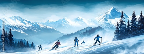 Skiers on Snowy Mountain Slope photo