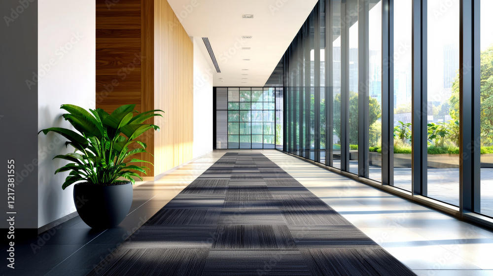 Obraz premium Bright Modern Office Hallway With Sunlight Streaming Through Large Windows