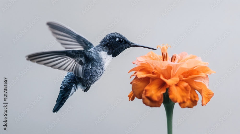 Naklejka premium beautiful hummingbird hovering over vibrant orange flower