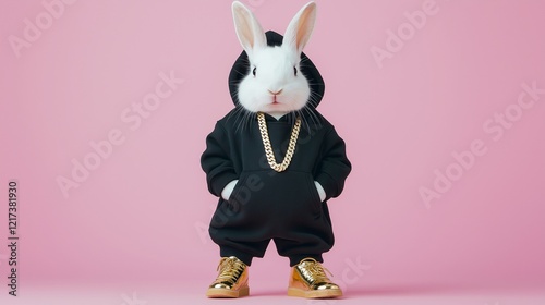 Hiphop bunny in stylish clothes and gold chain 