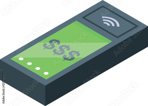 Pos terminal showing dollar symbols on green screen indicating successful transaction, highlighting modern cashless payment technology