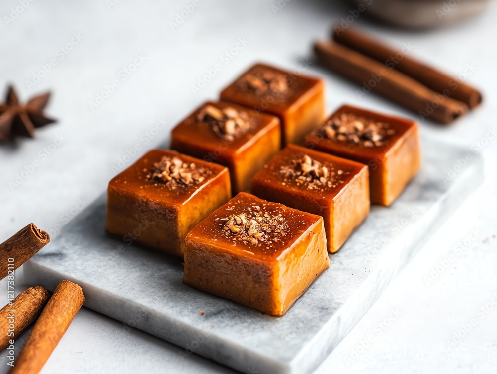 A minimalist presentation of Kue Lapis Legit on a marble platter, with cinnamon sticks and nutmeg as props A minimalist presentation of Kue Lapis Legit on a marble platter, with cinnamon sticks and nutmeg as props