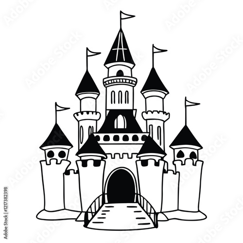 Whimsical Fairytale Castle
A detailed line art of a whimsical fairytale castle with towers, flags, and intricate architectural elements for coloring enthusiasts. Adobe Illustrator Artwork