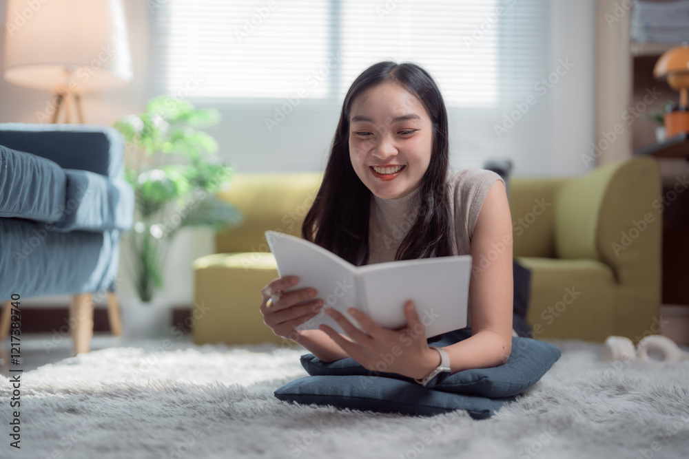 Young asian woman is lying on her stomach on a comfortable carpet at home, smiling while reading an interesting book, enjoying a relaxing afternoon Young asian woman is lying on her stomach on a comfortable carpet at home, smiling while reading an interesting book, enjoying a relaxing afternoon