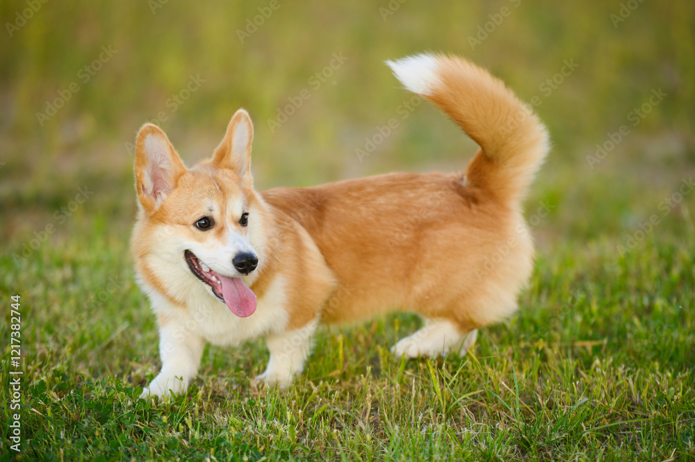 Portrait of cute Welsh Corgi Pembroke dog with its tongue hanging out happily running on grass. Pedigree pet on walk in park Portrait of cute Welsh Corgi Pembroke dog with its tongue hanging out happily running on grass. Pedigree pet on walk in park