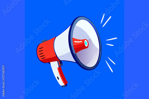 red and white megaphone with radiating sound waves on blue background, symbol of communication, announcements, and spreading information loudly and clearly photo