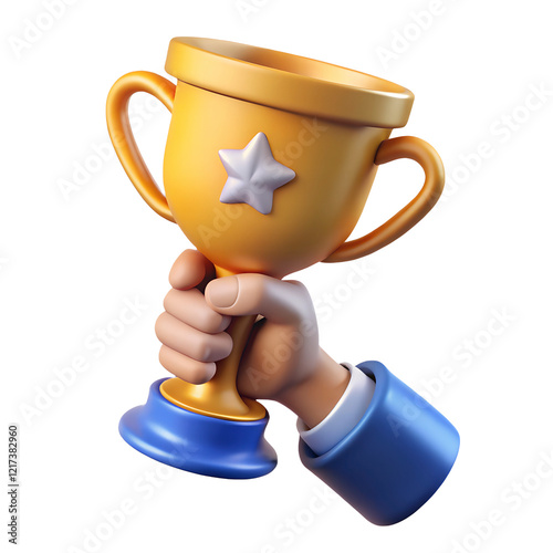 A 3D-rendered cartoon hand in a suit raising a bright golden trophy, symbolizing honor, victory, and outstanding success..