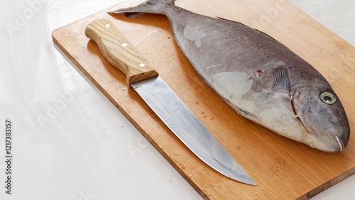 A horseface unicornfish or naso fageni fish and a knife on a wooden cutting board ready for cooking preparation that shows a candid moment of daily home life