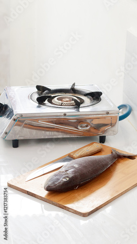 A fish on a wooden cutting board next to a knife and a portable stove in a kitchen setting showing a candid authentic daily home life